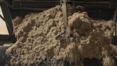 Çalışan ve kum taşıyan makineler. Endüstrideki taşıma bandı, seramik fabrika ekipmanları, taşıyıcıdaki kilin taşınması.