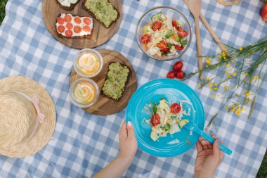 Kadın açık havada vegan pikniğinde mavi tabaktan salata yiyor. Taze ve sağlıklı yiyecekler. Birinci kişi görünümü