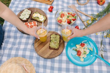 Açık hava vejetaryen pikniğinin önünde portakallı limonata tutarken çekilmiş iki el fotoğrafı. Sağlıklı gıda konsepti