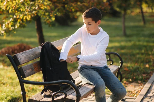 Przystojny nastolatek bierze z plecaka powerbark za ładowanie smartfona. Cute boy w parku w czasie jesieni — Zdjęcie stockowe