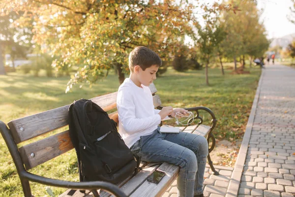 英俊的少年因为给智能手机充电而从他的背包动力树皮中取出。 秋天里公园里可爱的男孩 — 图库照片