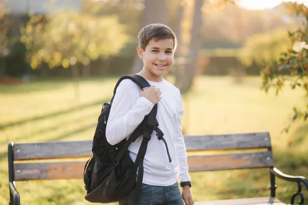 Sırt çantalı sevimli genç çocuk parkta durup arkadaşlarını bekliyor. Altın sonbahar. Öğrenci. — Stok fotoğraf