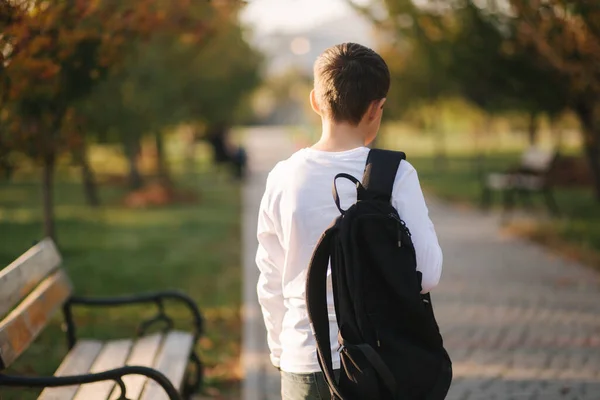 Vista trasera de colegial volver a casa después de las lecciones. Adolescente en camisa blanca vaqueros con mochila — Foto de Stock