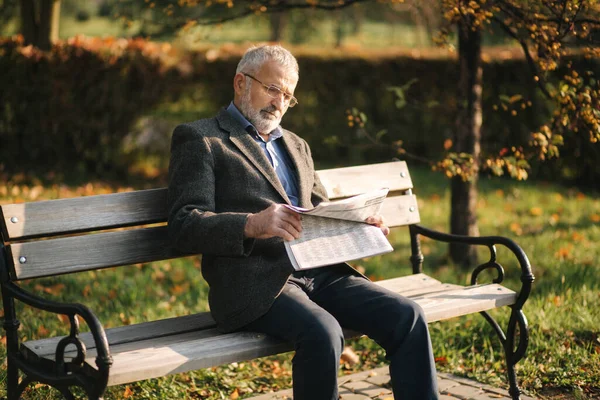 Hezký dědeček s krásným vousem v šedé bundě sedí na lavičce v parku a čte noviny. Starší šedovlasý muž v brýlích — Stock fotografie