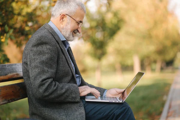 El anciano usa un portátil en el parque. Hombre mayor guapo en gafas de trabajo fuera —  Fotos de Stock