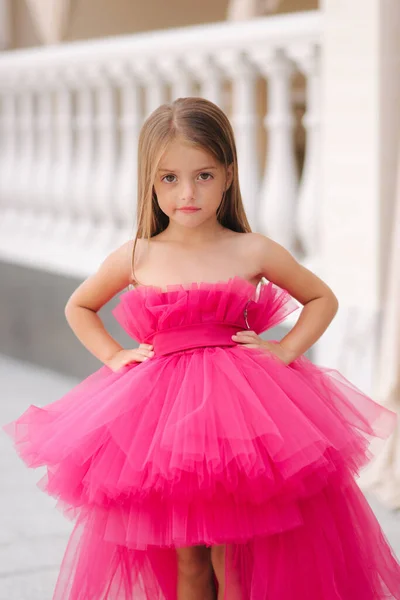 Cute little girl model in fluffy pink dress posing to photographer — Stock Photo, Image