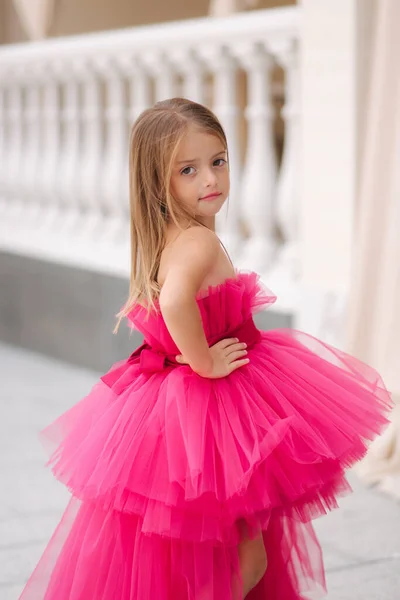 Cute little girl model in fluffy pink dress posing to photographer — Stock Photo, Image