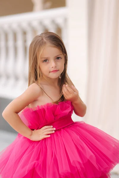 Cute little girl model in fluffy pink dress posing to photographer — Stock Photo, Image