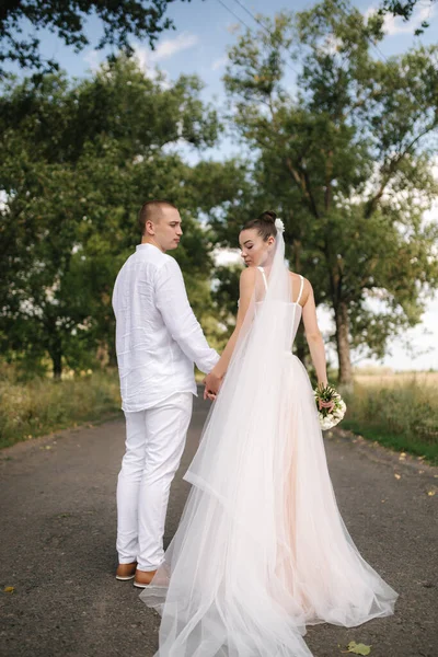 Vista posteriore dello sposo e della sposa che camminano nel vicolo di tiglio nel giorno del matrimonio — Foto Stock