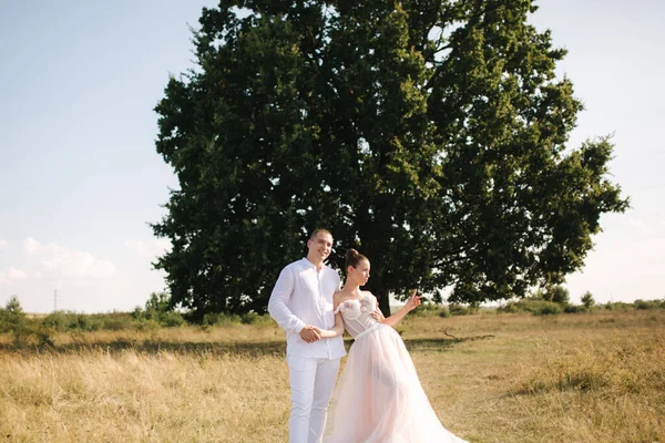 Boldog friss házasok sétálnak be a nagy fa mellett a mezőn. — Stock Fotó