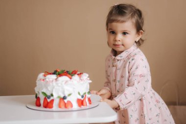 Şirin küçük bir kız ve enfes bir doğum günü pastasının yanında duran iri yarı bir kız. On sekiz aylık kız çok mutlu ve gülüyor. Vejetaryen yemeği. Laktozsuz ve glütensiz..