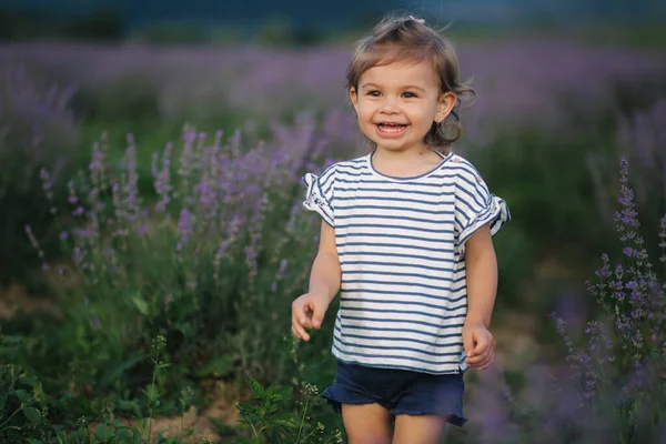 Retrato de una adorable niña caminando en el campo de lavanda después del atardecer. Lavanda azul o púrpura. Feliz niño sonrisa, correr y saltar . — Foto de Stock