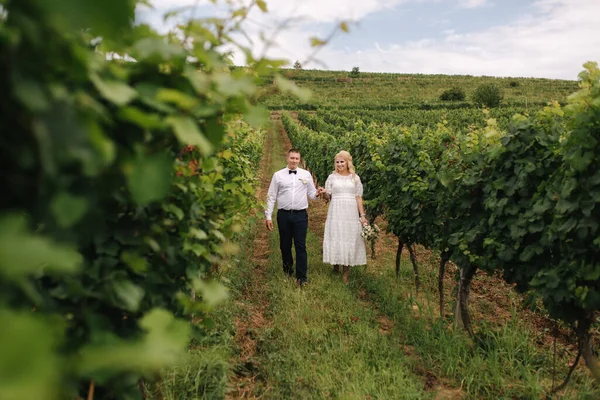 Bräutigam und Braut bei ihrem Hochzeitstag im Weinberg. Blonde Frau im weißen Kleid hält Brautstrauß in den Händen — Stockfoto