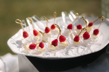 Açık tabakta ahududu olan camembert peyniri. Partide atıştırmalık