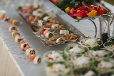 Partide farklı luzury aperatifleri ve antipasto. Açık hava atıştırmalıkları olan konser masası.