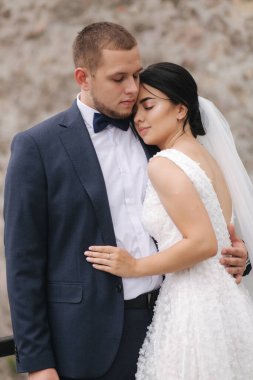 Mutlu yeni evliler eski kalede yürüyor ve birbirlerine sarılıyorlar. Taş duvarın önünde güzel bir gelin ve çekici bir damat.