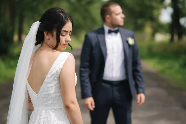 Frischvermählte spazieren am Hochzeitstag durch den Park. Schöne Braut und schöner Bräutigam — Stockfoto