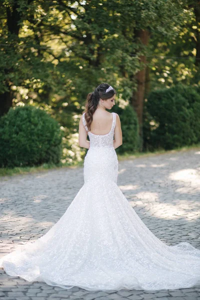 Linda noiva em vestido de noiva de luxo com trem vestido grande ficar ao ar livre. Contexto da árvore verde — Fotografia de Stock