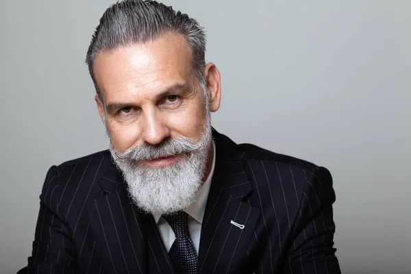 Porträtt av attraktiva mellersta åldern skäggiga gentleman bär trendiga suit över tomma grå bakgrund. Affärsidé för Studio skott, mode. — Stockfoto