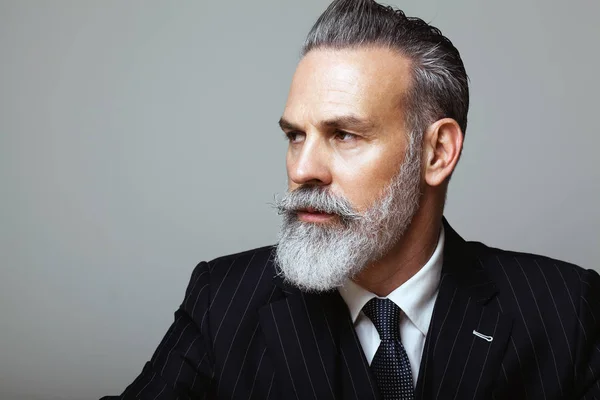 Retrato de cerca del caballero barbudo con traje de moda sobre fondo gris vacío. Copiar Pegar espacio . —  Fotos de Stock