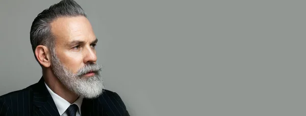 Ritratto ravvicinato di gentiluomo barbuto con abito alla moda su sfondo grigio vuoto. Copia Incolla spazio di testo. Ampia . — Foto Stock
