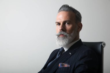 Kendine güvenen sakallı orta portre beyefendi boş gri arka plan üzerinde şık takım elbise giymiş yaşlı. Yapıştırma alanı kopyalayın. Stüdyo vurdu