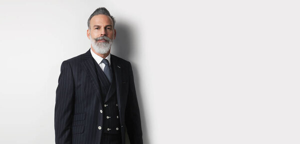 Portrait of bearded handsome businessman wearing trendy suit over empty white background. Copy Paste text space. Wide.
