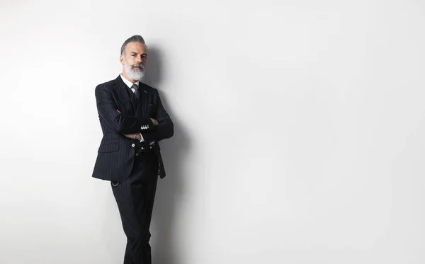 Retrato de cavalheiro confiante barbudo vestindo terno moderno em pé sobre fundo branco vazio. Copiar colar espaço de texto . — Fotografia de Stock