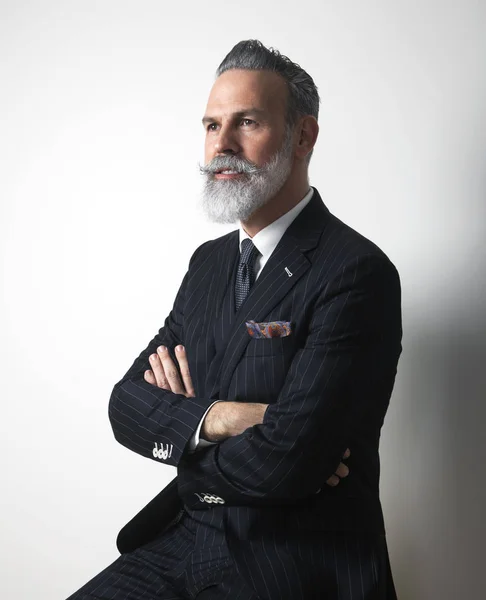 Portrait of attractive bearded middle aged gentleman wearing trendy suit over empty gray background. Studio shot. Vertical — Stock Photo, Image