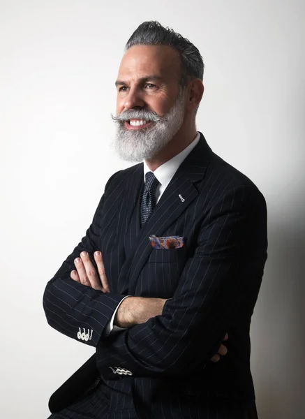 Portrait of positive bearded middle aged gentleman wearing trendy suit over empty gray background. Studio shot. Vertical — Stock Photo, Image