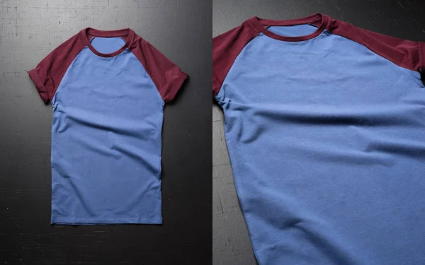 Vintage fold two color cotton T-Shirt clothes mock up on grunge black wood background.