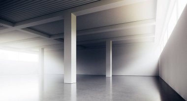 Beyaz beton duvarlar ve zemin ile boş çatı tarzı ofis binası koridoru. İç tasarım ve mimari kavramı. 3d render