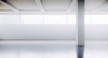 Beyaz beton duvarlar ve zemin ile boş çatı tarzı ofis binası koridoru. İç tasarım ve mimari kavramı. 3d render