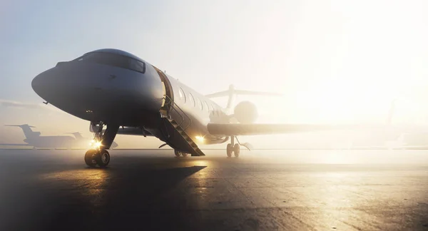 Business Private jet flygplan parkerade vid terminalen. Lyxturism och affärsresor transportkoncept. 3D-rendering. — Stockfoto