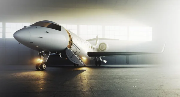 Avião privado de negócios branco estacionado no hangar da aeronave. Turismo de luxo e conceito de transporte de viagens de negócios. Renderização 3d . — Fotografia de Stock