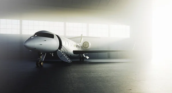 Avión privado de negocios estacionado en la terminal. Turismo de lujo y viajes de negocios concepto de transporte. renderizado 3d . — Foto de Stock