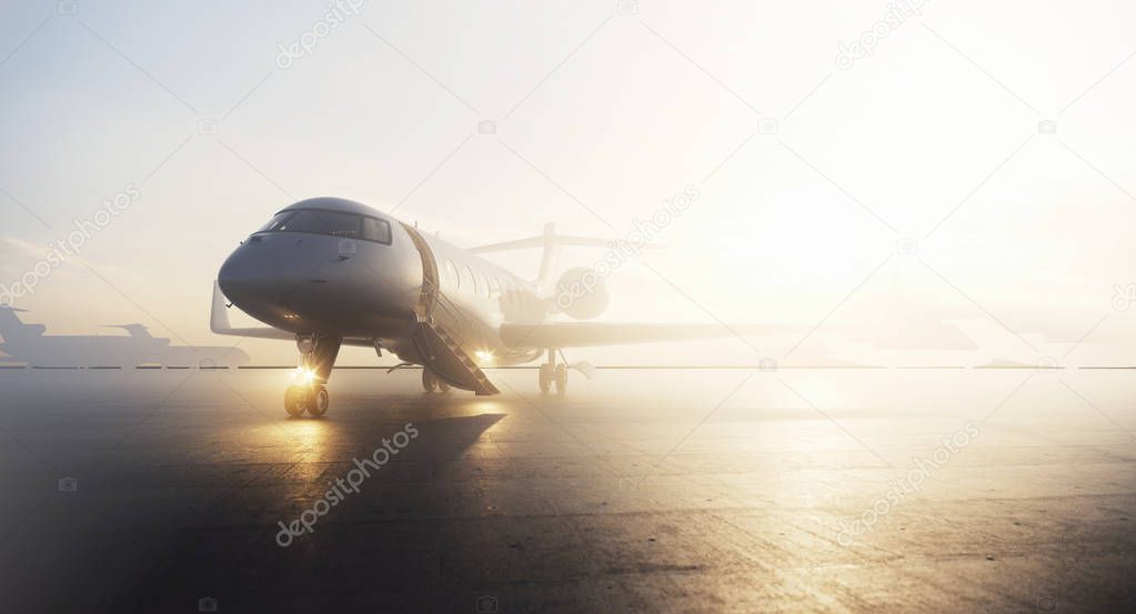 Business private jet airplane parked at terminal in sunrise. Luxury tourism and business travel transportation concept. 3d rendering.