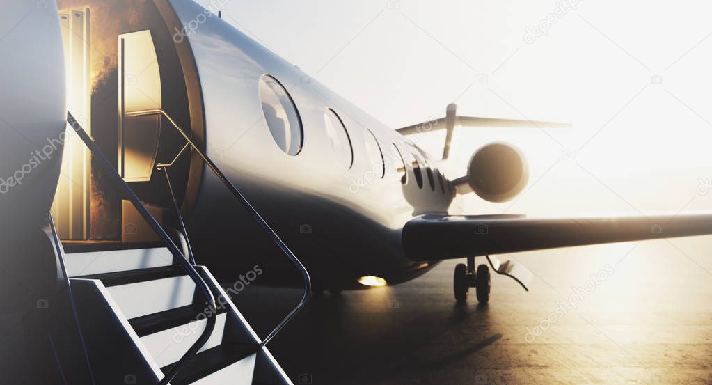 Business private jet airplane parked at terminal. Luxury tourism and business travel transportation concept. Closeup. 3d rendering.