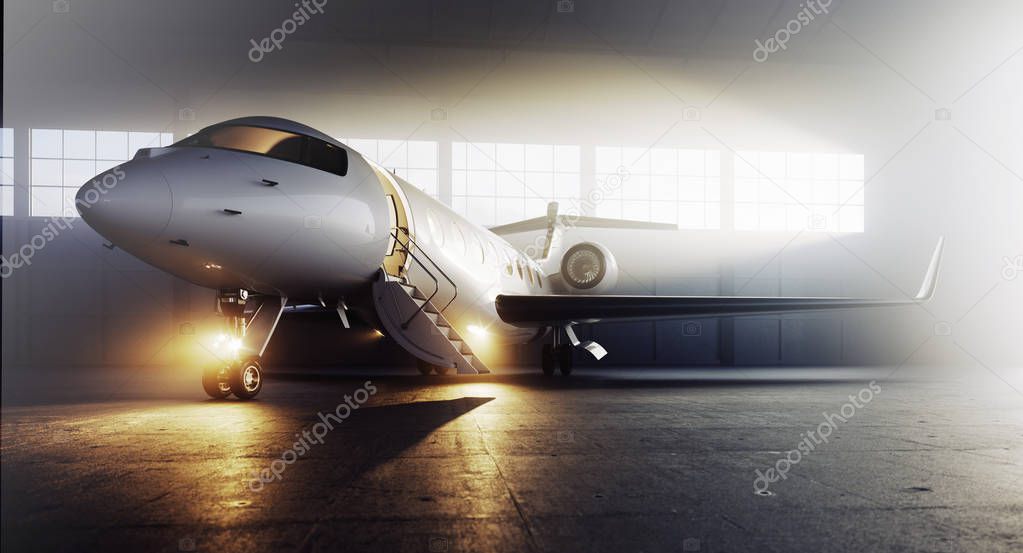 Business private jet airplane parked at terminal. Luxury tourism and business travel transportation concept. 3d rendering.