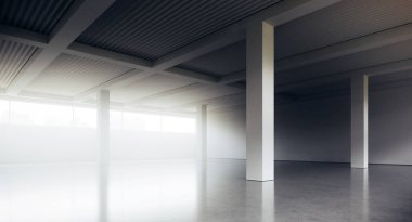 Beyaz beton duvarlar ve zemin ile boş çatı tarzı ofis binası koridoru. İç tasarım ve mimari kavramı. 3d render