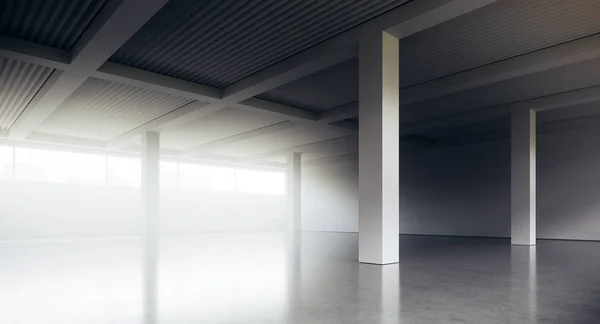 Beyaz beton duvarlar ve zemin ile boş çatı tarzı ofis binası koridoru. İç tasarım ve mimari kavramı. 3d render — Stok fotoğraf
