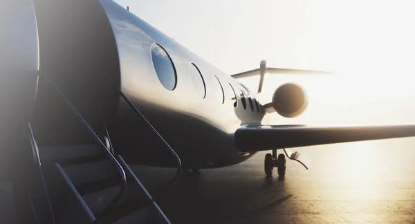 Avião privado de negócios estacionado no terminal. Turismo de luxo e conceito de transporte de viagens de negócios. Renderização 3d . — Fotografia de Stock