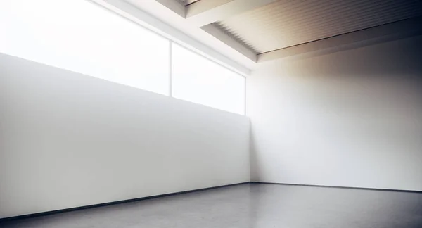Üres tetőtéri stílus irodaház folyosón fehér beton falak és padló. Belsőépítészeti koncepció és építészet. 3D-leképezés — Stock Fotó