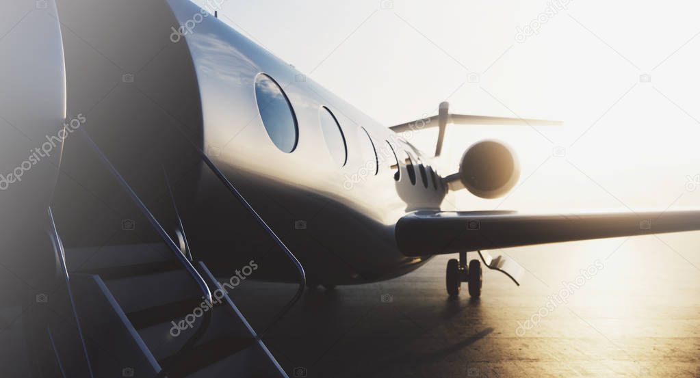 Business private jet airplane parked at terminal. Luxury tourism and business travel transportation concept. 3d rendering.