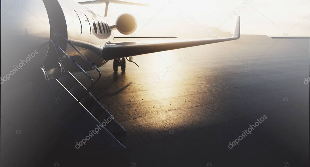 Business private jet airplane parked at terminal. Luxury tourism and business travel transportation concept. Closeup. 3d rendering.