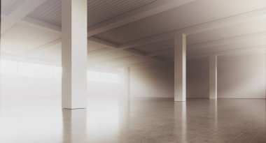Beyaz beton duvarlar ve zemin ile boş çatı tarzı ofis binası koridoru. İç tasarım ve mimari kavramı. 3d render