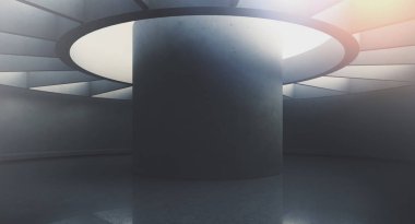 Boş duvarlar ve konkret zemin ile Fütüristik ve Modern koyu iç. İç tasarım ve mimari kavramı. 3d render