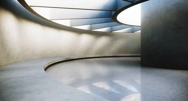 コンクレットウォールに自然光と床の反射と現代的で未来的な空のインテリア。インテリアデザインと建築のコンセプト。3D レンダリング — ストック写真