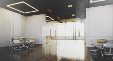 Panoramik pencereler ve toplantı odaları ile çağdaş ofis iç. 3d render.