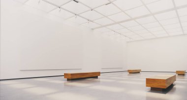 Boş resim çerçeveleri ile sergi iç. Spot ışıklar, doğal güneş ışığı ve boş tuval ile Galeri. 3d render